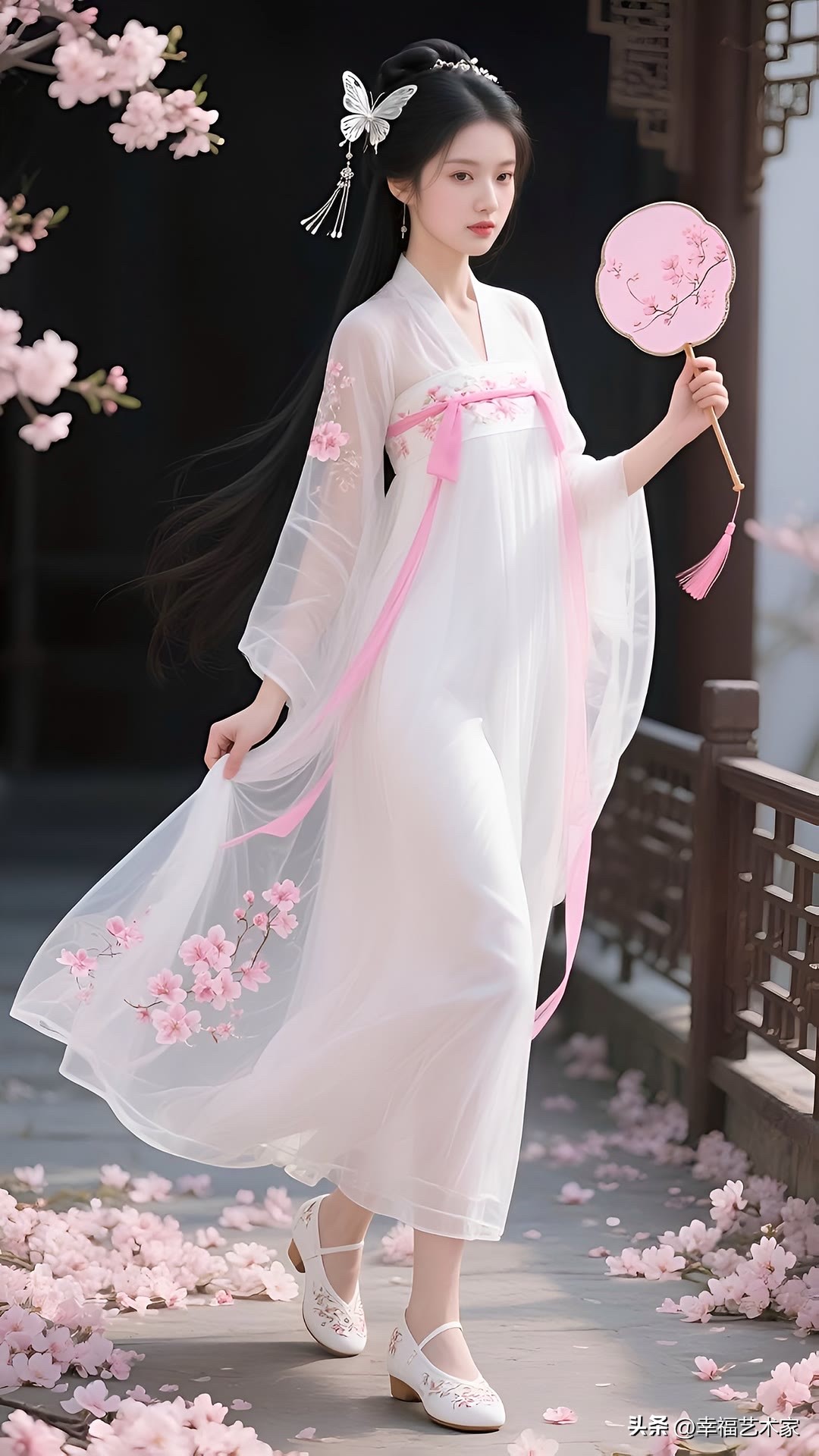 古风少女，蓝衣飘逸，静坐长椅，花影婆娑